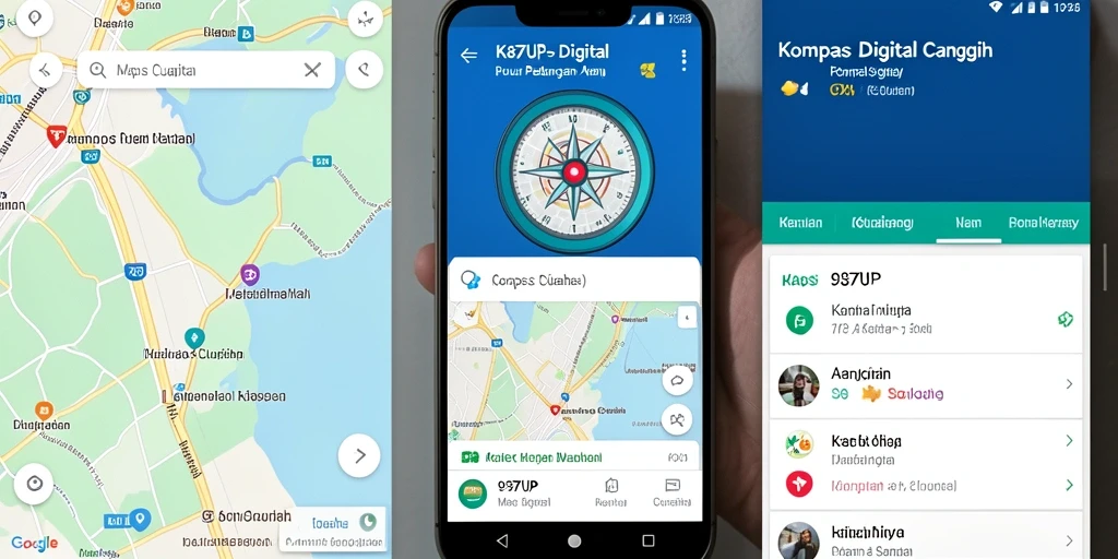Antarmuka aplikasi 987UP menampilkan kompas digital yang user-friendly.