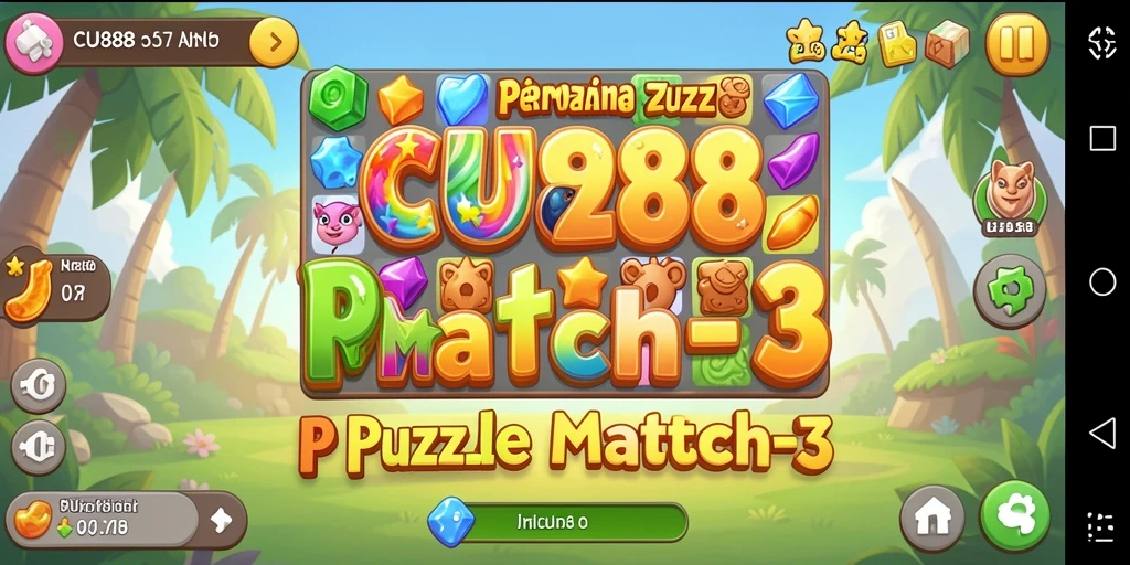 Tampilan antarmuka permainan Puzzle Match-3 yang menarik dan interaktif.