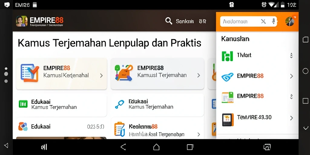 Tampilan antarmuka aplikasi Kamus Terjemahan EMPIRE88 yang ramah pengguna.