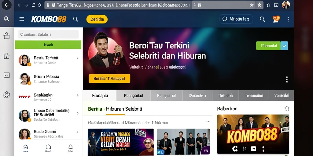 Antarmuka aplikasi KOMBO88 menampilkan berita selebriti secara menarik.